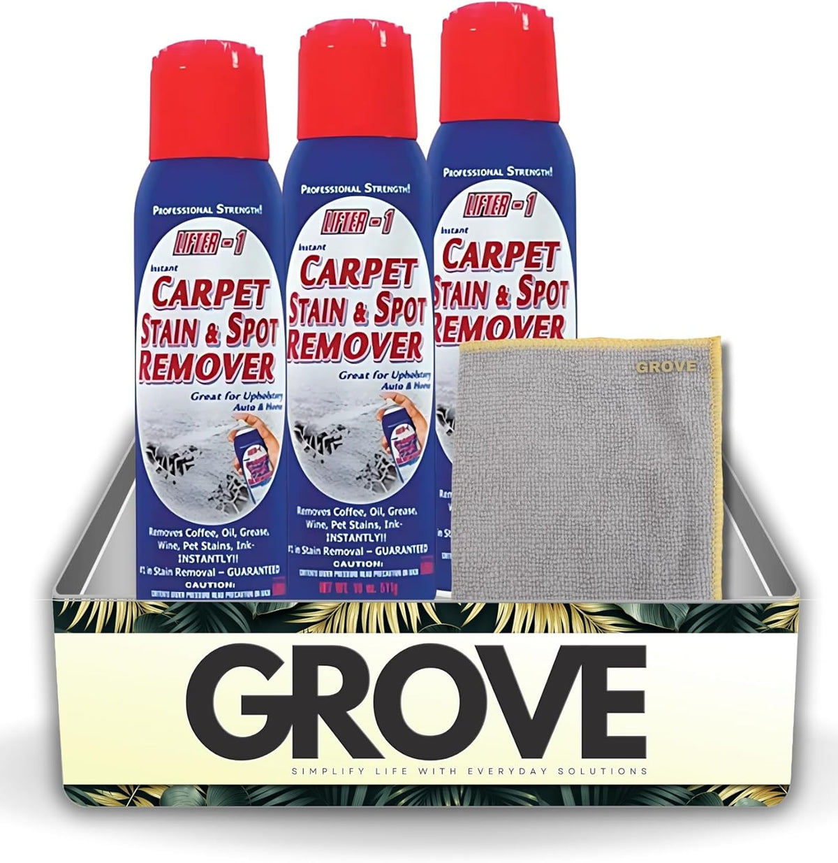 GROVE Lifter-1 Carpet Stain and Spot Remover spray bottle and microfiber cloth for professional cleaning.