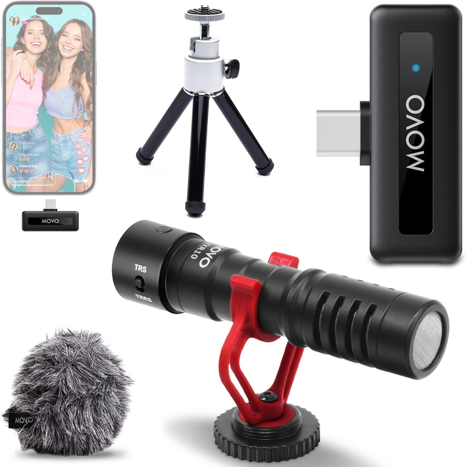 Movo VXR10 shotgun microphone and wireless kit front view