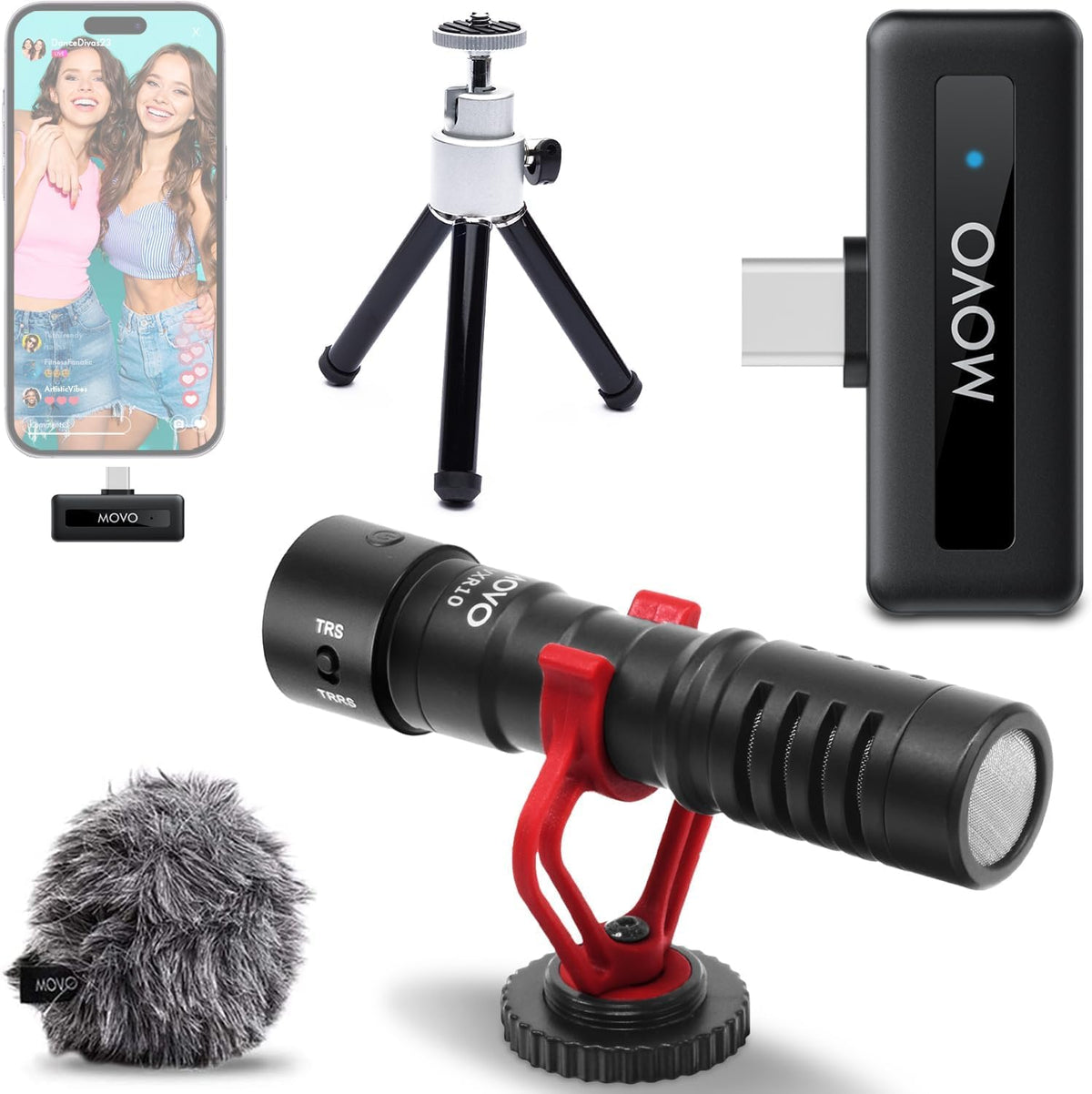 Movo VXR10 shotgun microphone and wireless kit front view