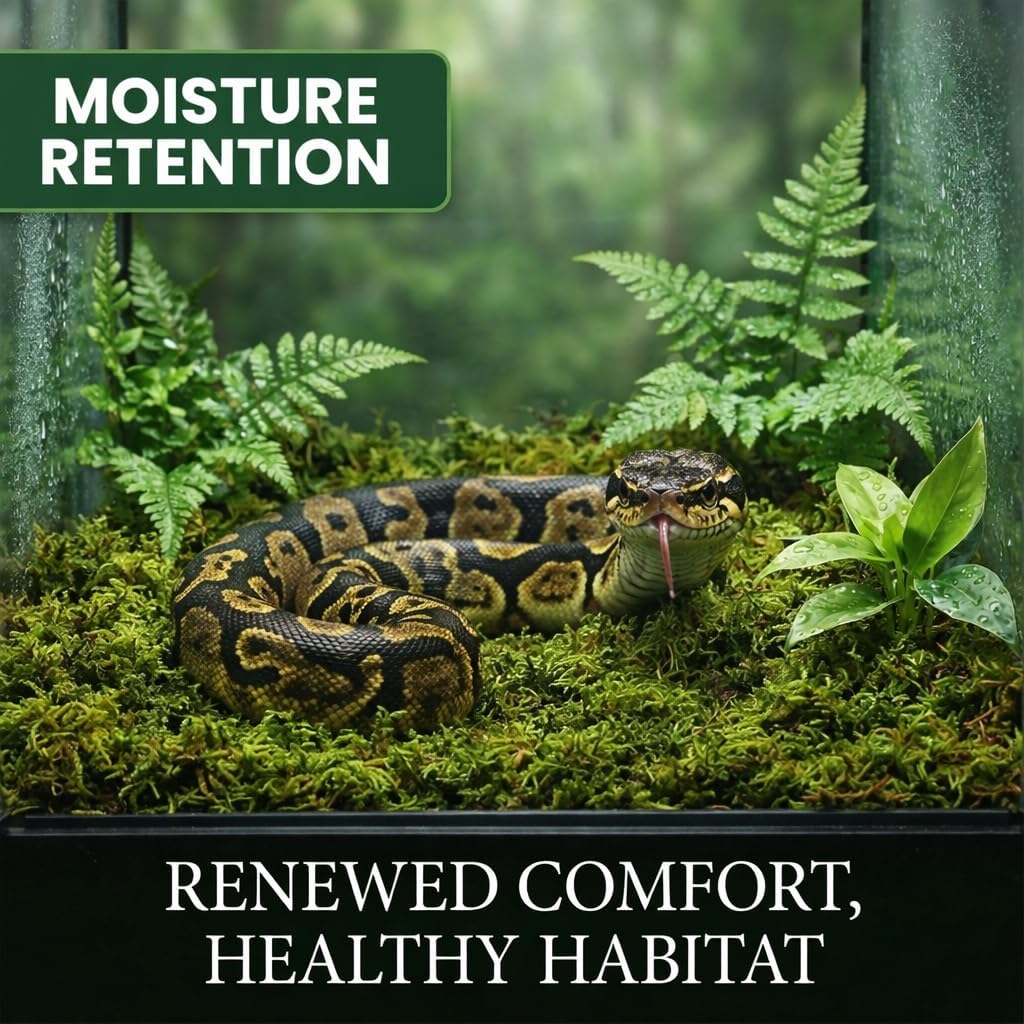 Rehydrated natural terrarium moss bedding spread out inside a tropical snake enclosure tank