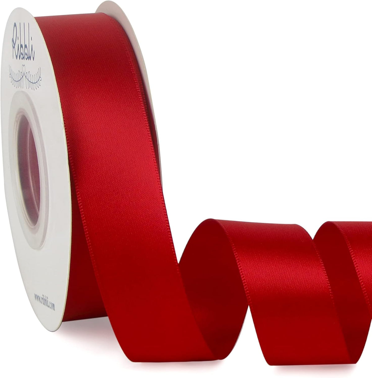 Ribbli Double Faced Red Satin Ribbon front view on spool