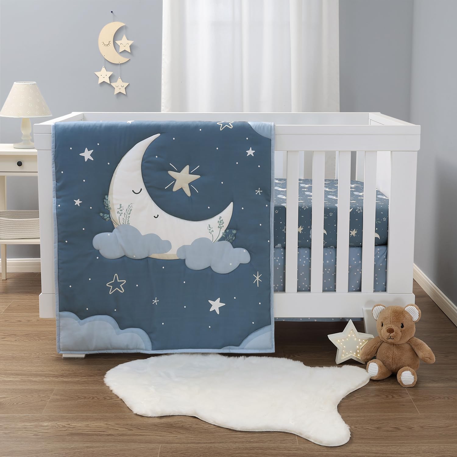 The Peanutshell Celestial Serenity baby crib bedding set front view showing the complete three-piece nursery layout.