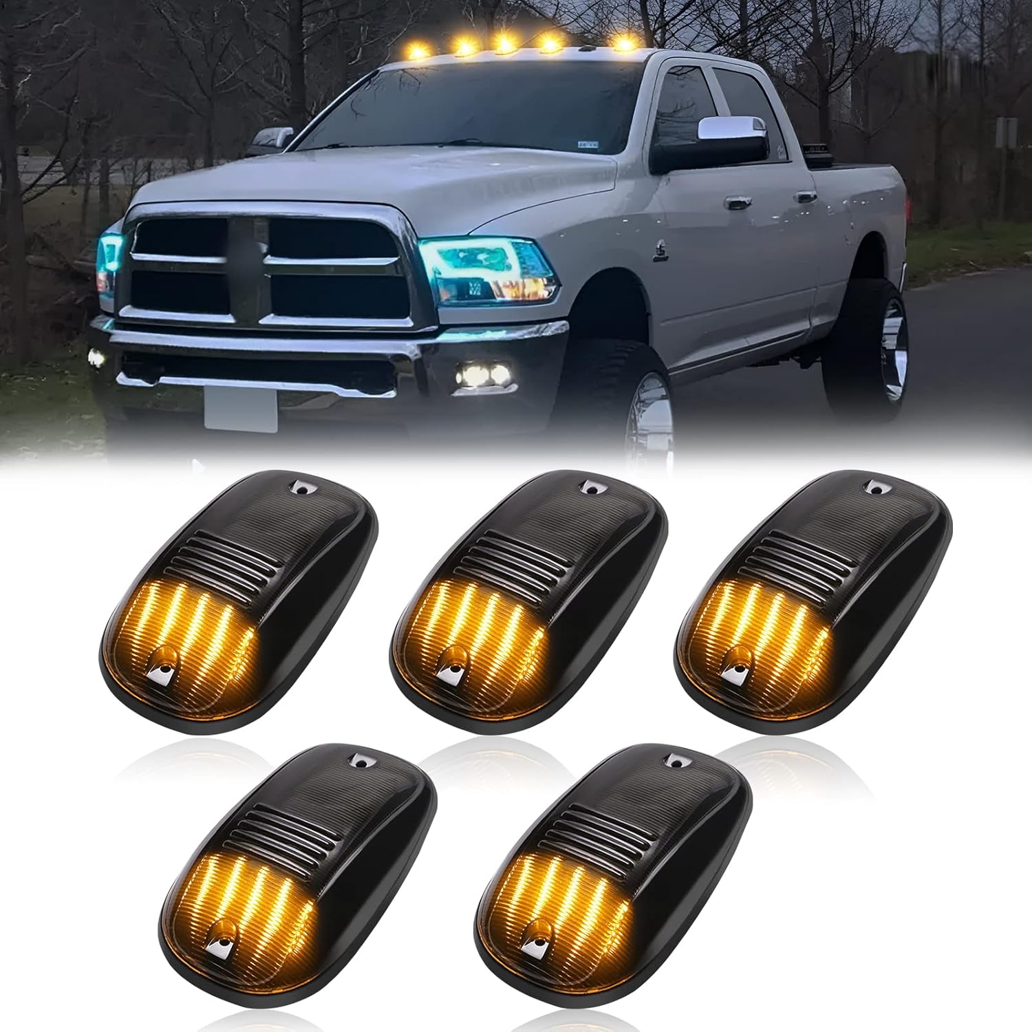 R&F Auto Smoked LED Cab Roof Marker Lights front view showing five pieces assembly kit