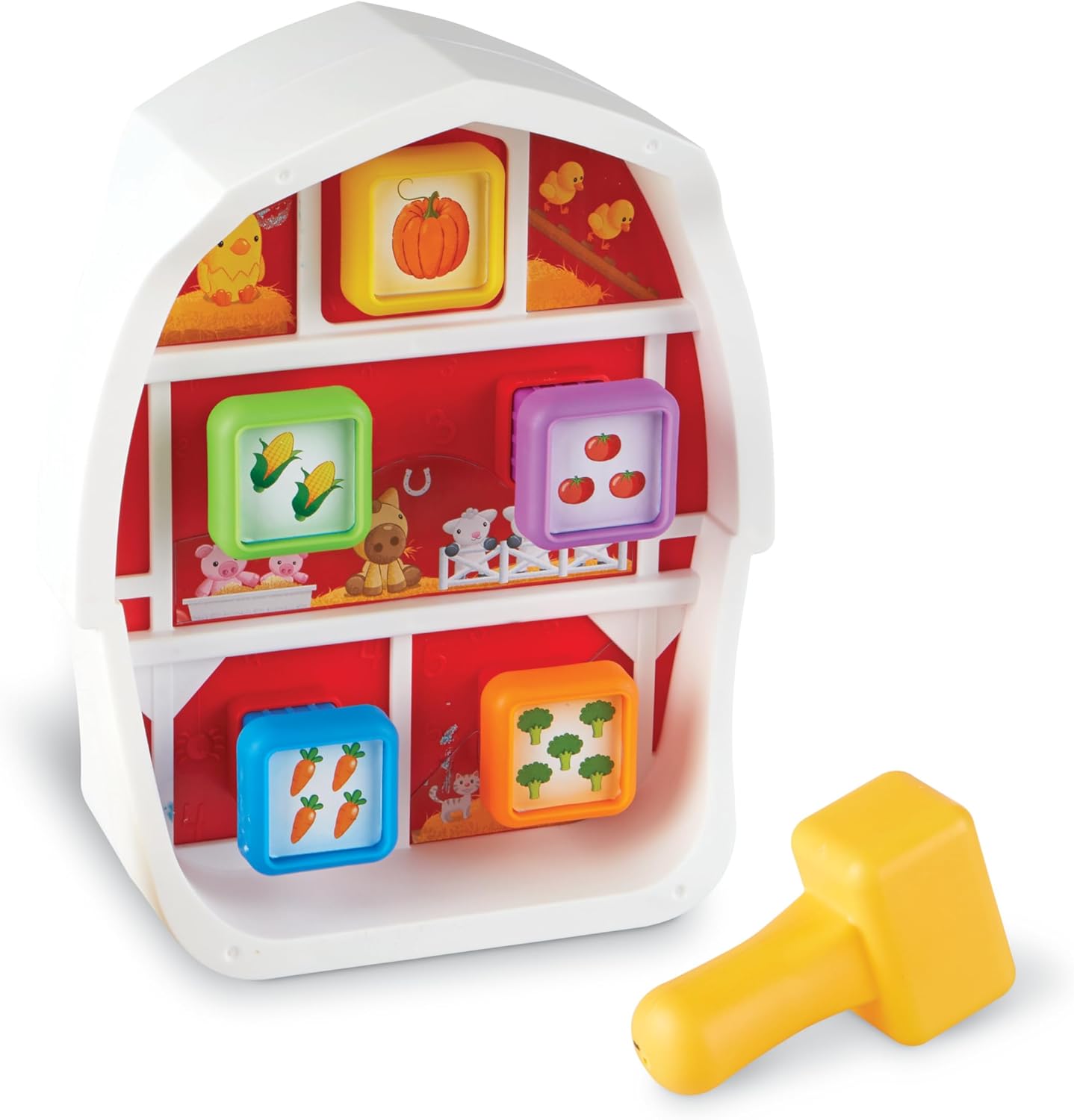 Learning Resources Barnyard Pounding Bench front view showing colorful pegs and plastic hammer for fine motor skills training