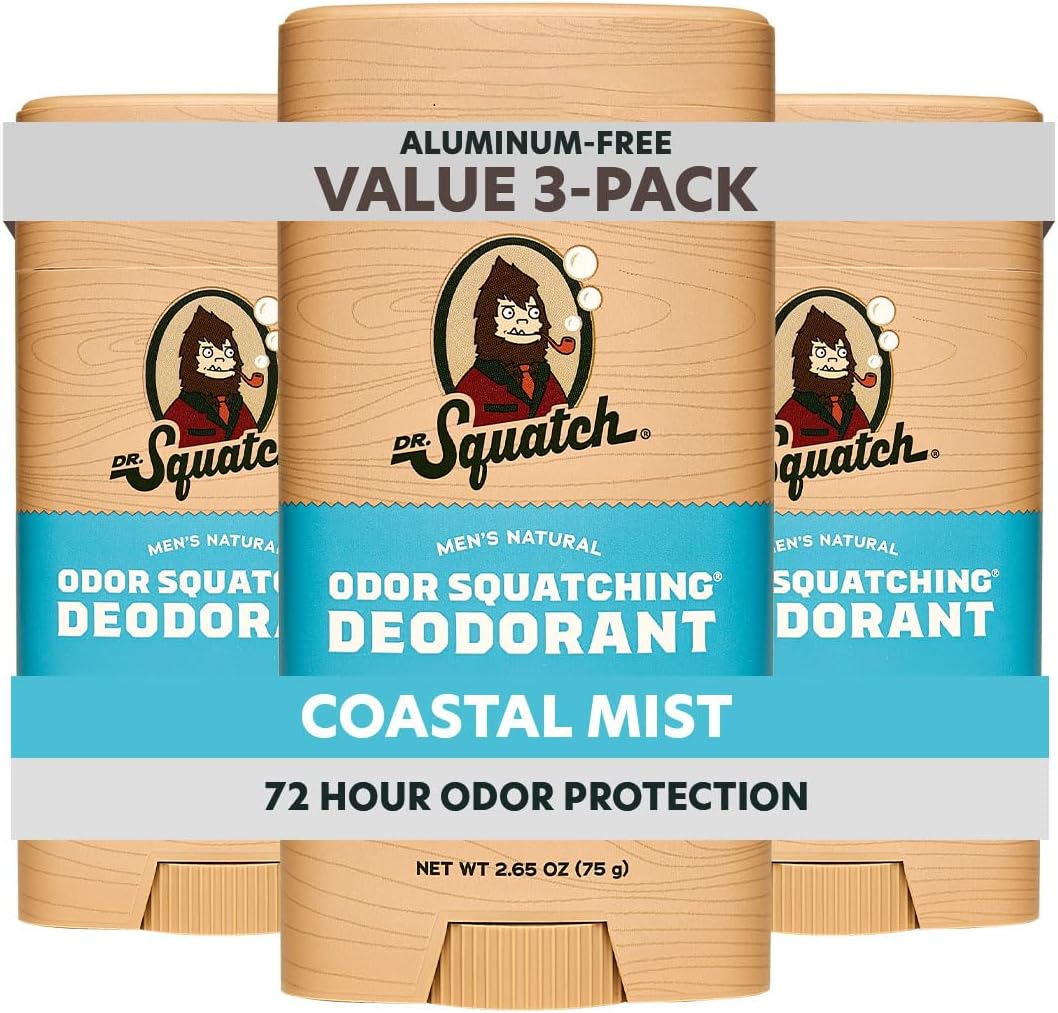 Dr. Squatch Natural Men's Deodorant Coastal Mist 3-Pack front view showing premium packaging.