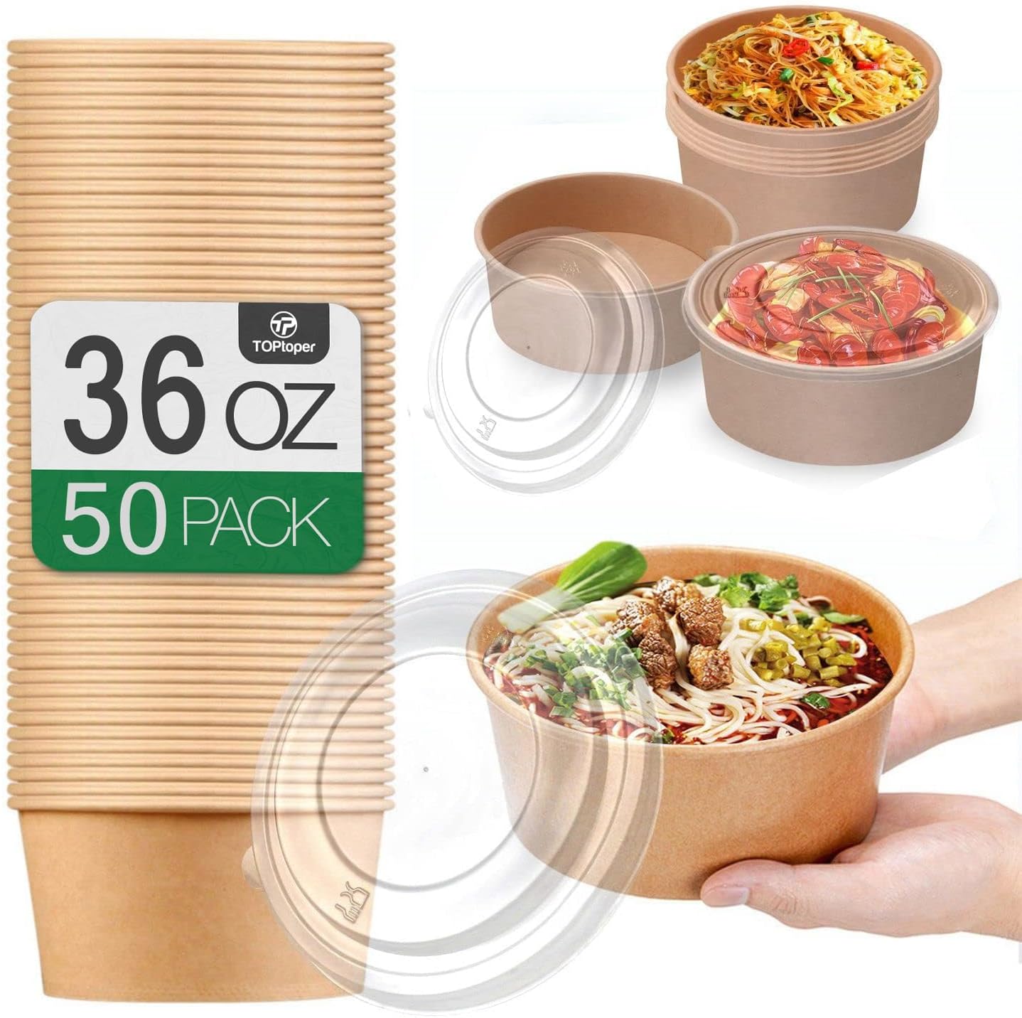 TOPtoper 36 Ounce Disposable Paper Bowls front view showing 50 count pack with lids for soup serving.