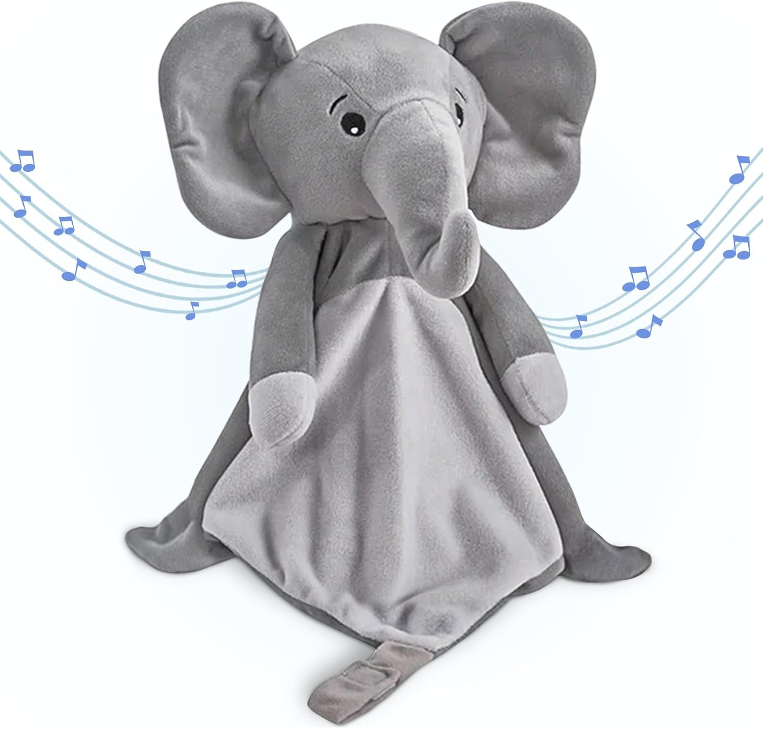 Love By Emi 4 in 1 baby lullaby sleep soother elephant plush front view showing the soft gray security blanket body.