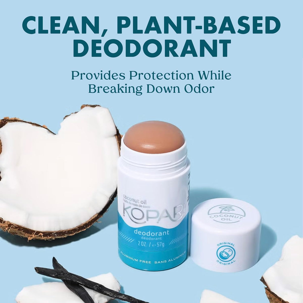 Kopari natural plant based clear stick deodorant container showing organic coconut oil formula