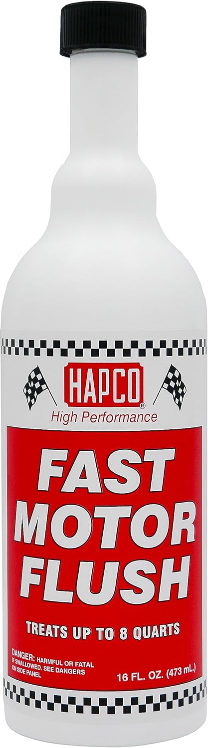 Hapco Fast Motor Flush 16 Ounce front view bottle showcasing automotive engine cleaner packaging.
