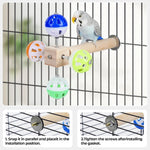 Natural pine wood parrot stand toy showing the colorful rotating bell balls close up.
