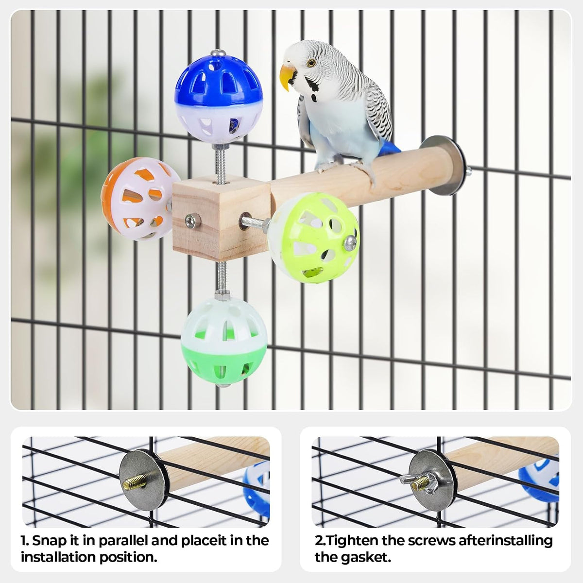 Natural pine wood parrot stand toy showing the colorful rotating bell balls close up.