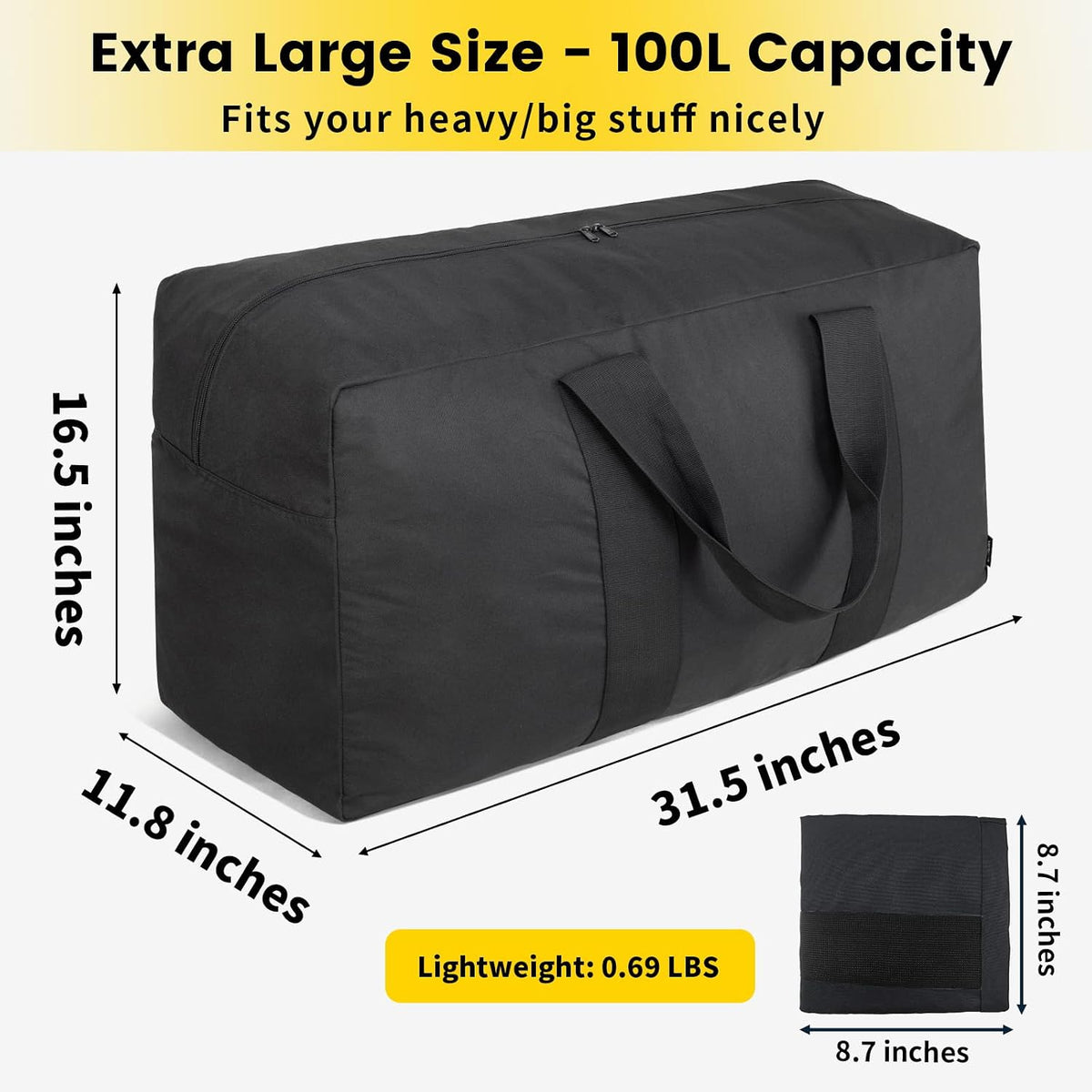 Vorspack black travel duffel bag unfolded dimensions display