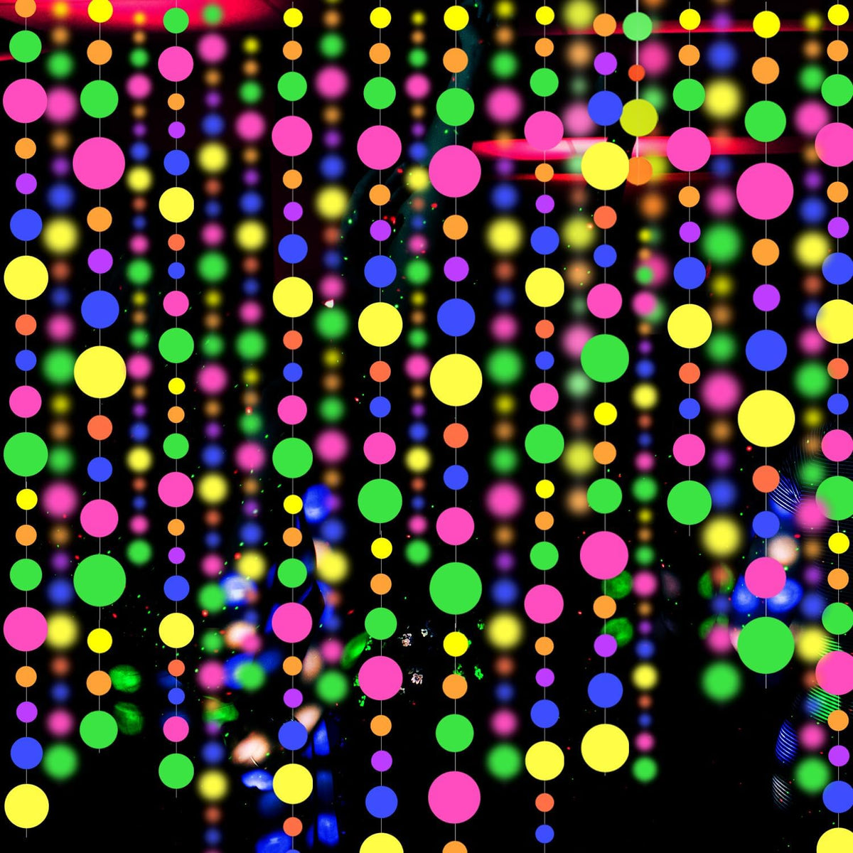 WELITTCON UV round dot paper neon garland front view showing vibrant multi-colored circles glowing under blacklight.