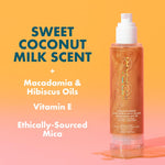Kopari Sun Shield Body Glow bottle next to tropical coconut ingredients