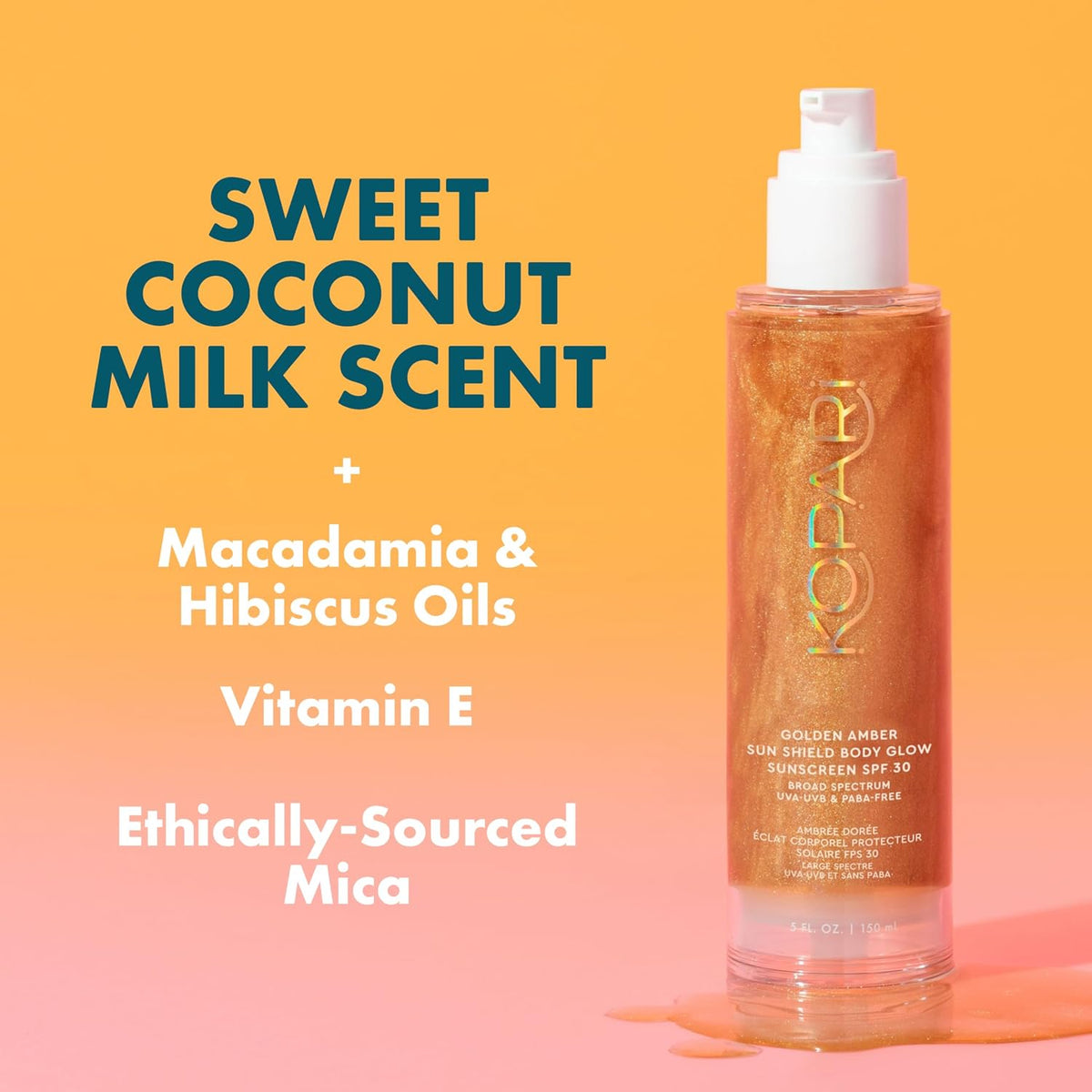 Kopari Sun Shield Body Glow bottle next to tropical coconut ingredients