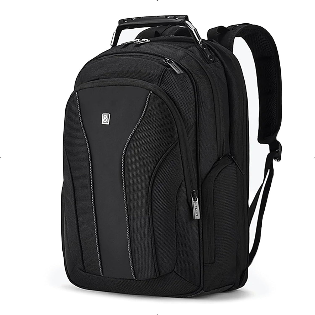 LEVEL8 laptop backpack front view featuring durable black ballistic polyester fabric.