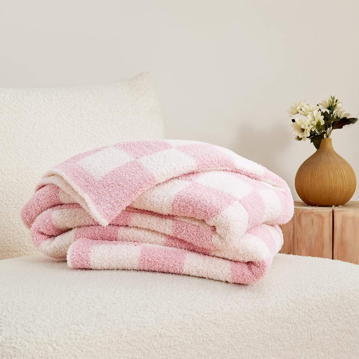 CozeCube aesthetic checkered throw blanket styled on a reading chair