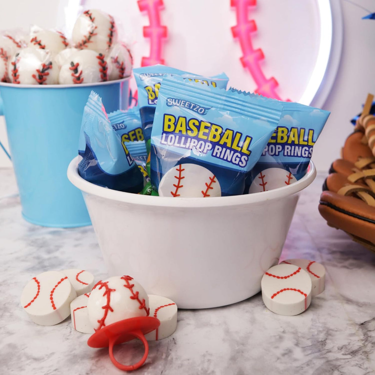 USA imported Sweetzo baseball theme confectionery rings on display.