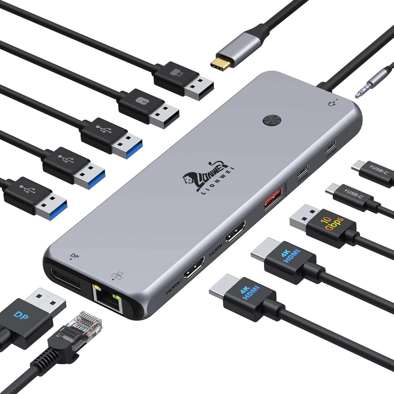 LIONWEI 13 in 1 USB C Docking Station front view showing dual HDMI and DisplayPort video connectivity options.