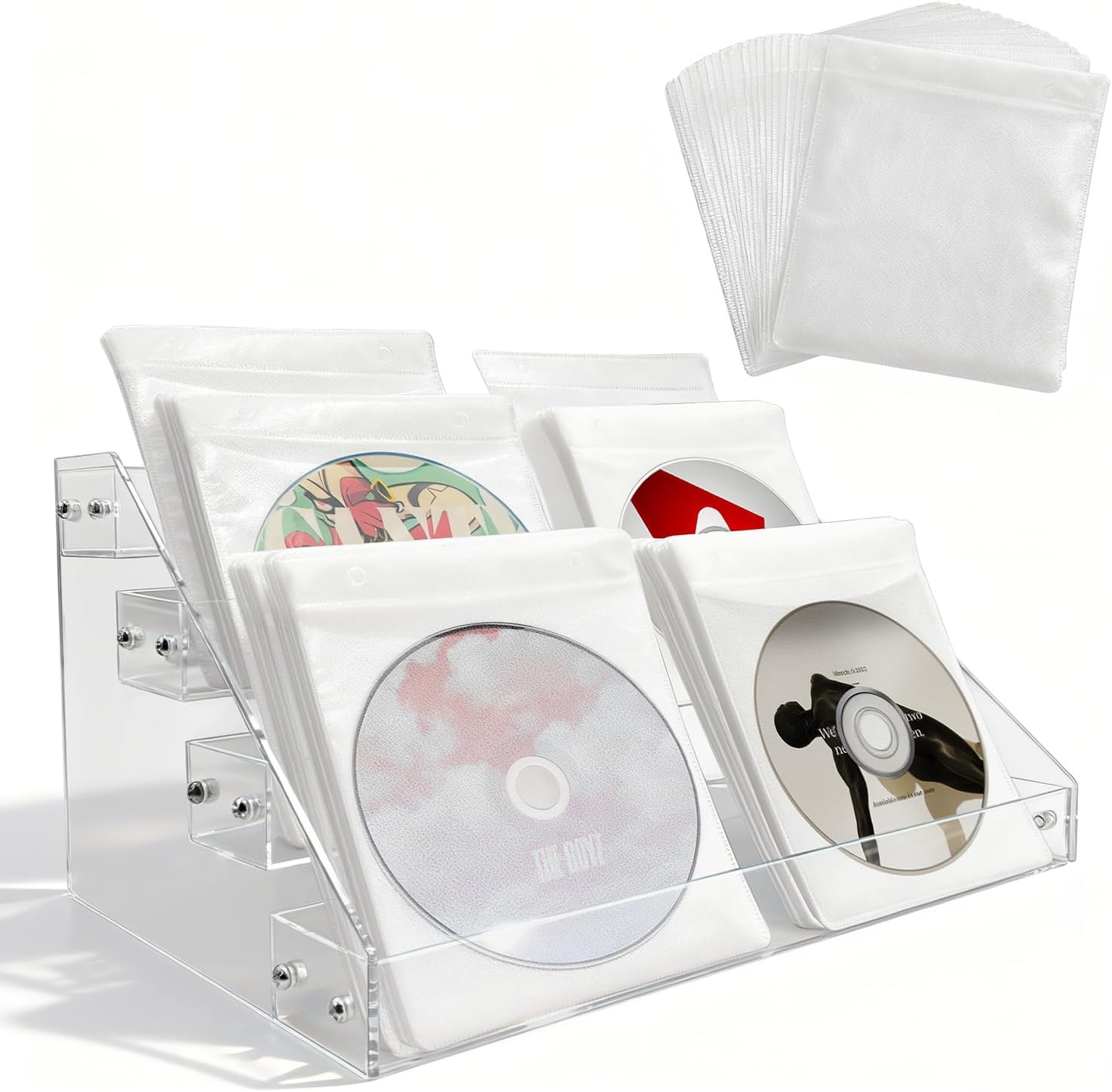 FALESHOS 4-tier clear acrylic cascading CD holder front view displaying media cases