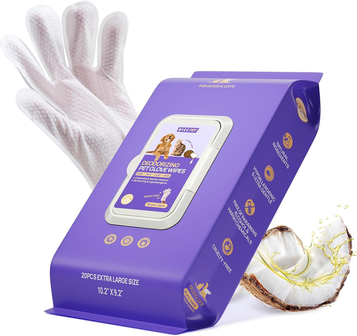Hicc Pet deodorizing and cleaning glove wipes front view packaging