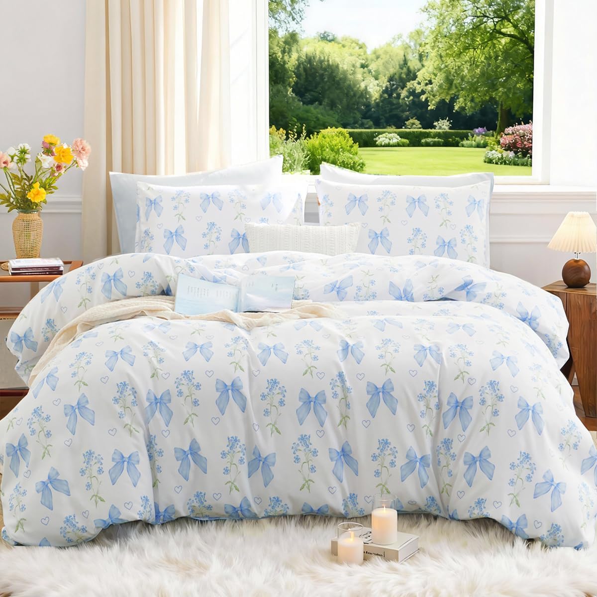 CCoutueChen blue bow duvet cover set front view displayed neatly on a queen bed