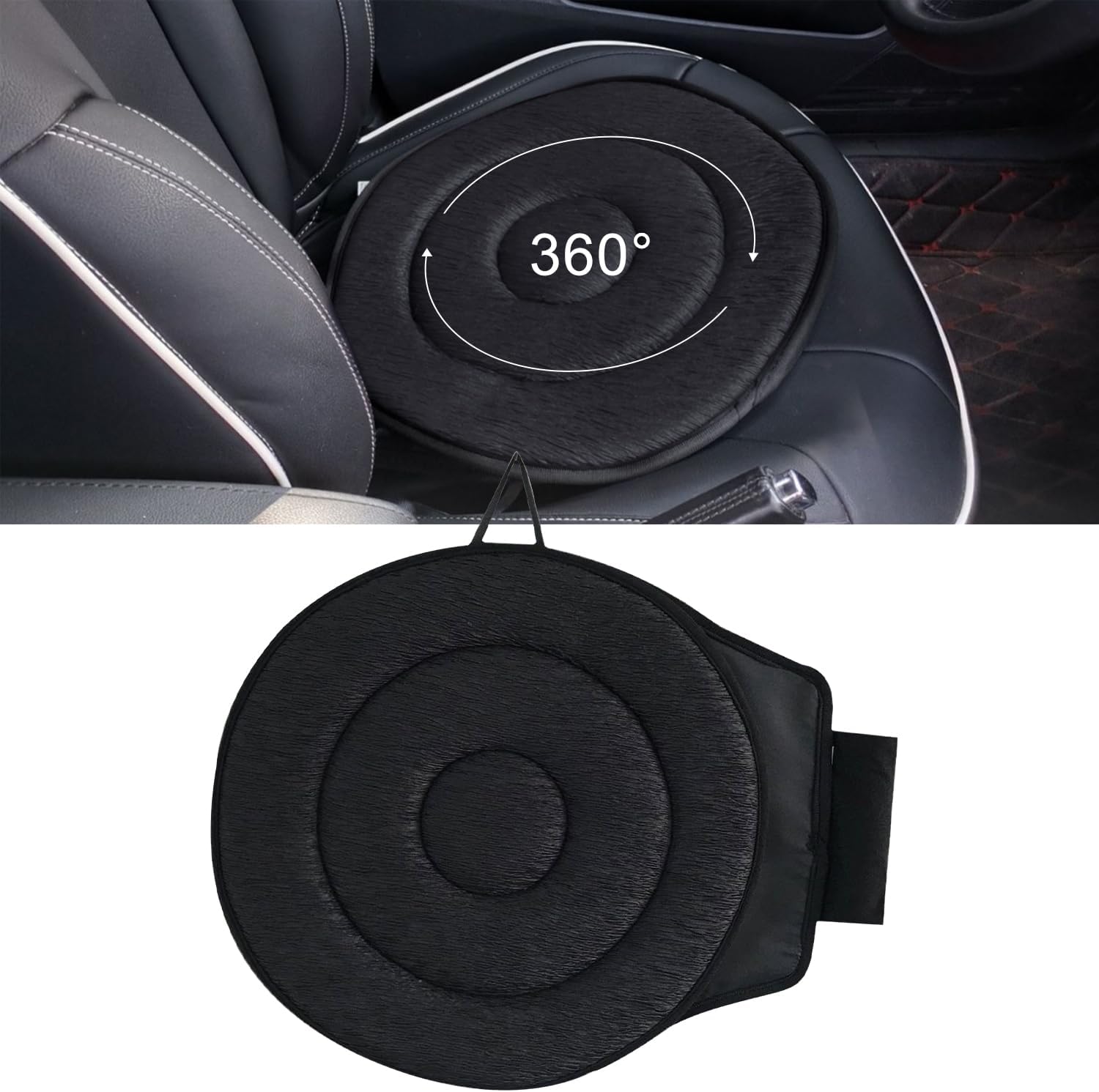 GripRestPro 360 rotating car seat cushion front view showing black memory foam surface.
