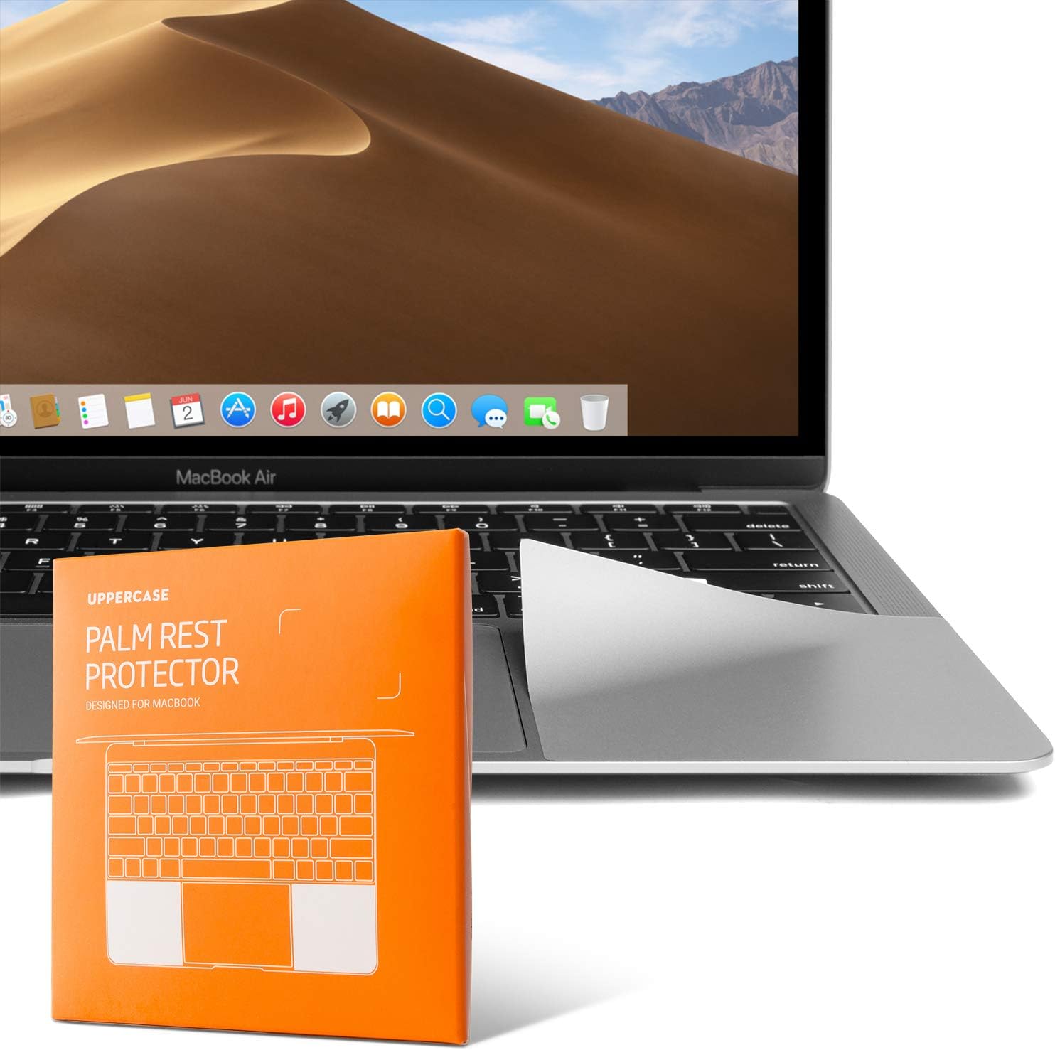 UPPERCASE premium palm rest protector space gray skin cover installed on laptop front view