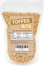 Baking ingredients display featuring a bowl of crunchy toffee pieces
