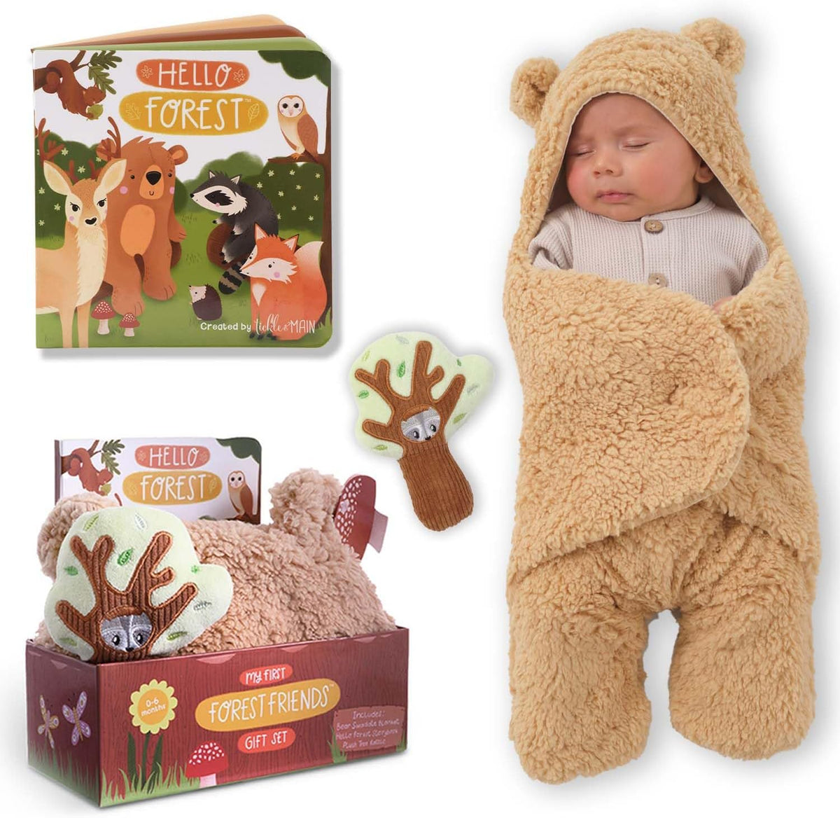 Tickle and Main Forest Animal Newborn Gift Set front view with book and rattle