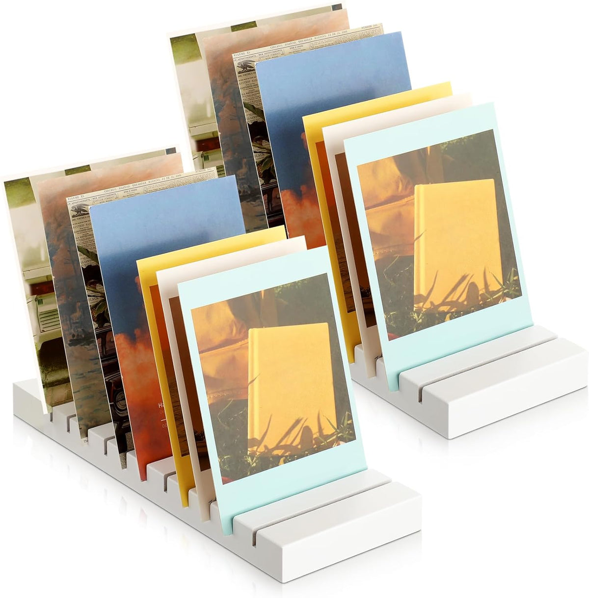 Marsui wooden greeting card display stand front view showing white finish slots