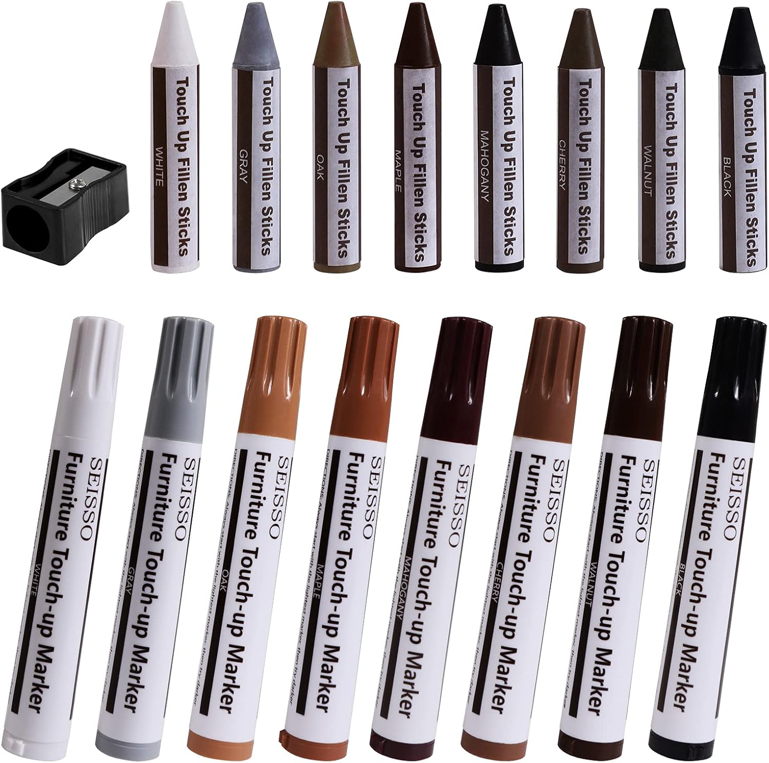 SEISSO Furniture Repair Kit front view showing 17 piece wood markers and wax sticks set.