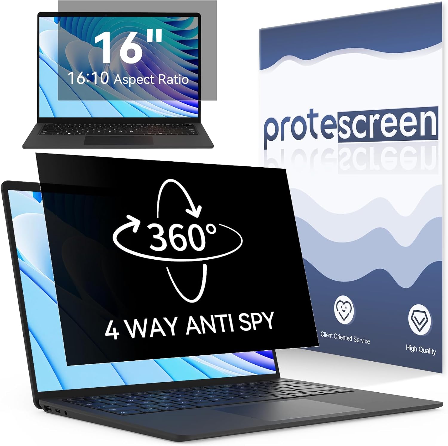 Protescreen 360 degree laptop privacy screen 16 inch front view on a modern computer display.