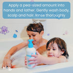 Back label of Bliss Baby multi purpose body wash showing clean ingredients