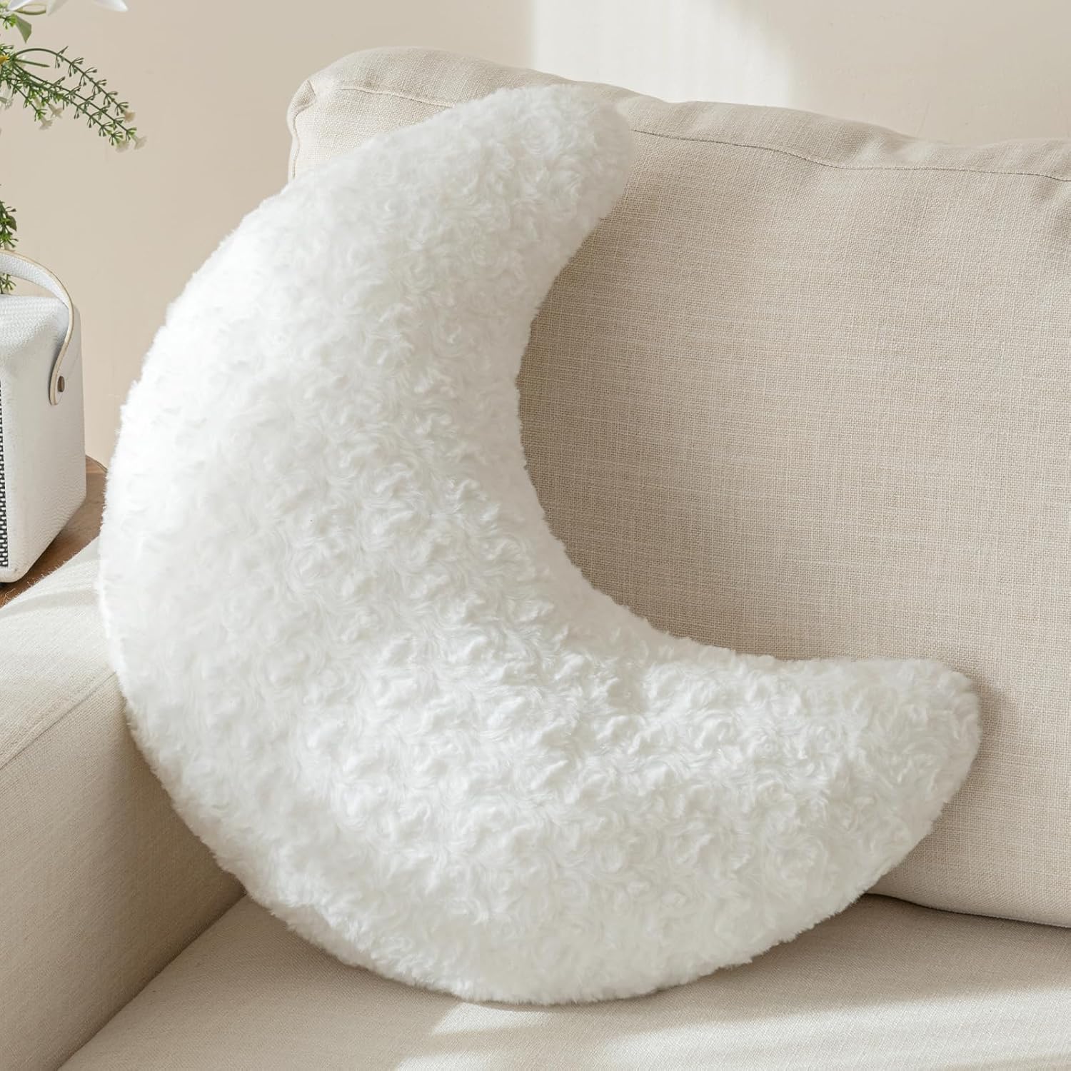 Playsky moon pillow white plush cushion front view for bedroom decor