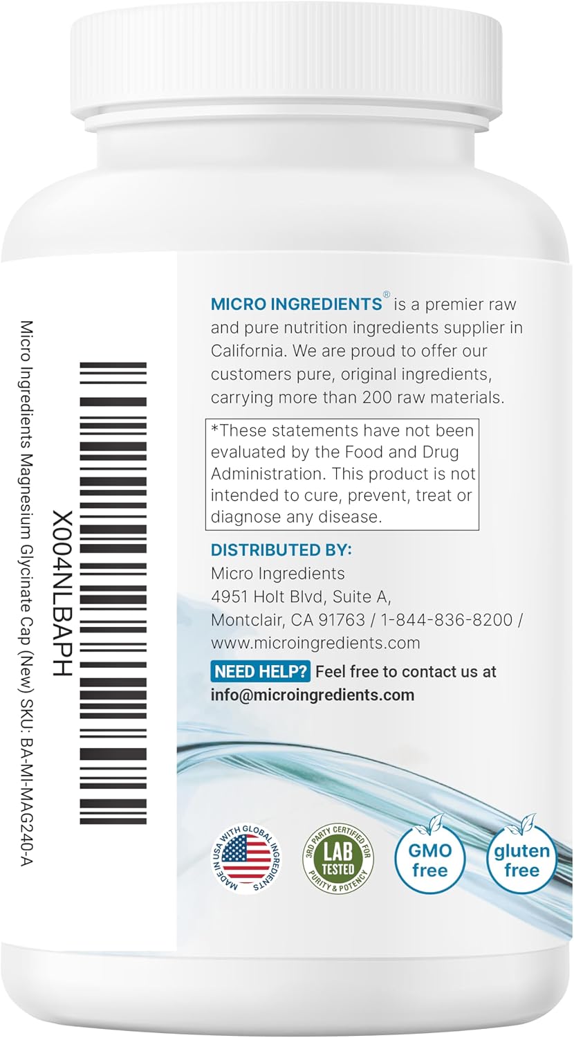 Micro Ingredients Pure Magnesium Glycinate 400mg Per Serving, 240 Capsules | Chelated Mineral Supplements with Elemental Form | Non-GMO, Filler Free - Image 9