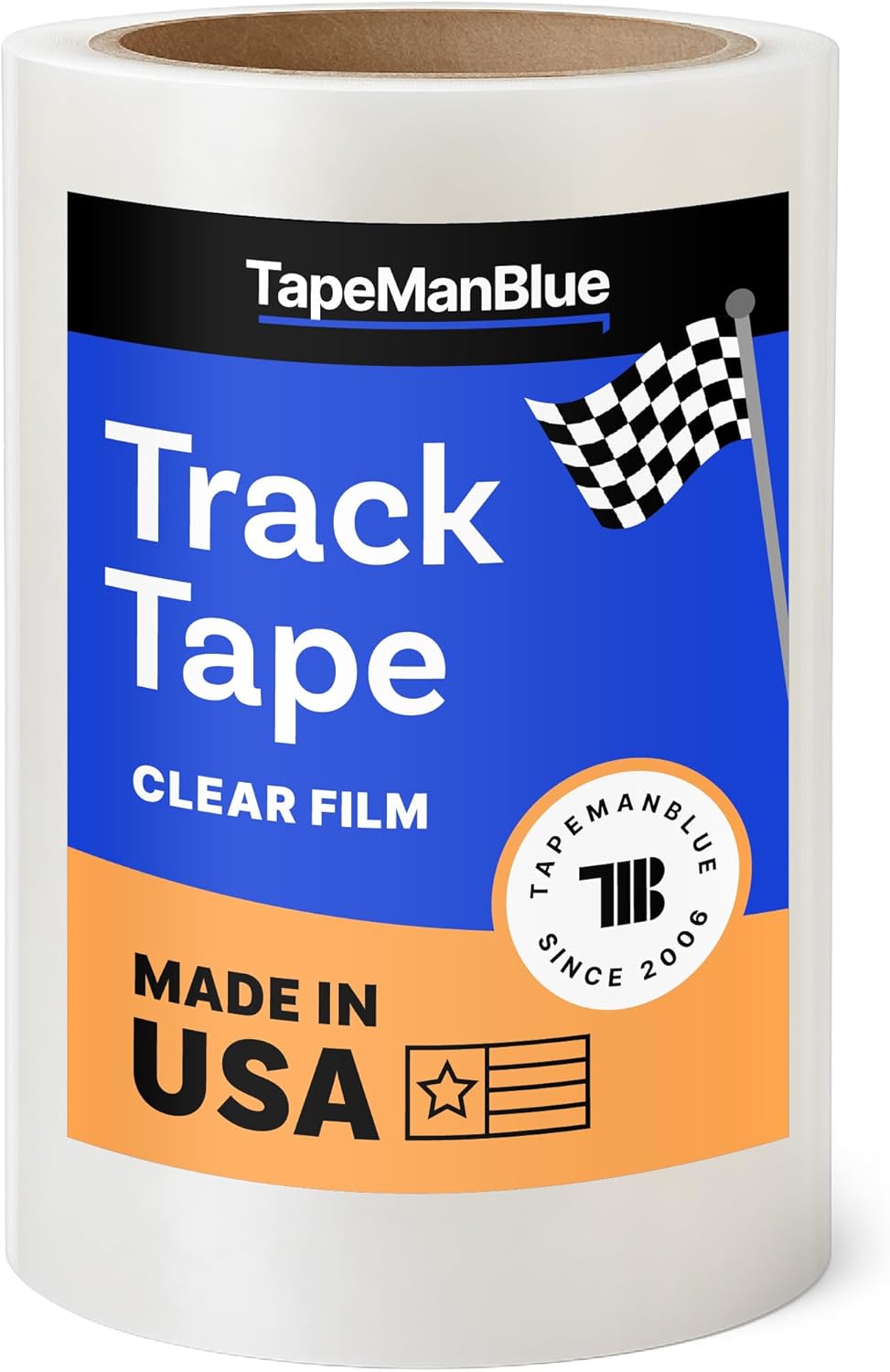 TapeManBlue Track Tape front view of the clear temporary paint protection film roll