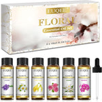 EUQEE Floral Essential Oils Set 6 Pack front view of amber bottles and gift box