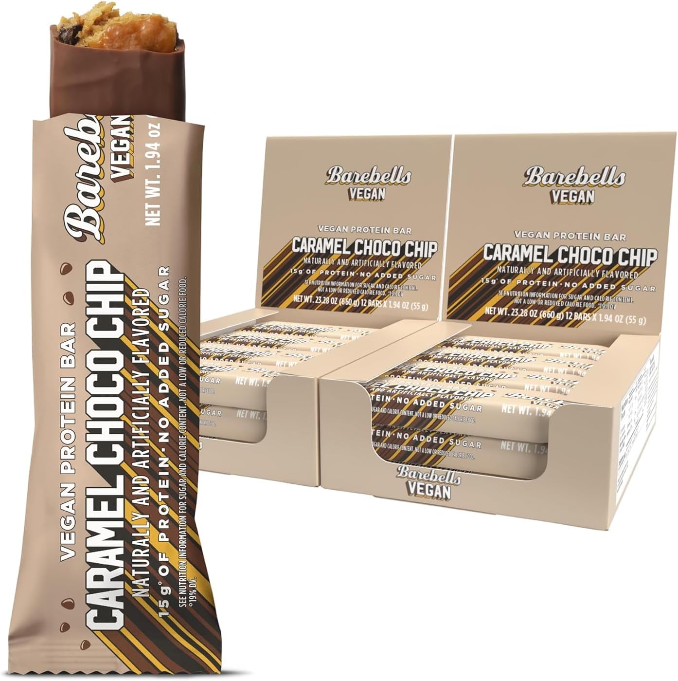 Barebells Vegan Protein Bars Caramel Choco Chip front view box pack for plant based nutrition.