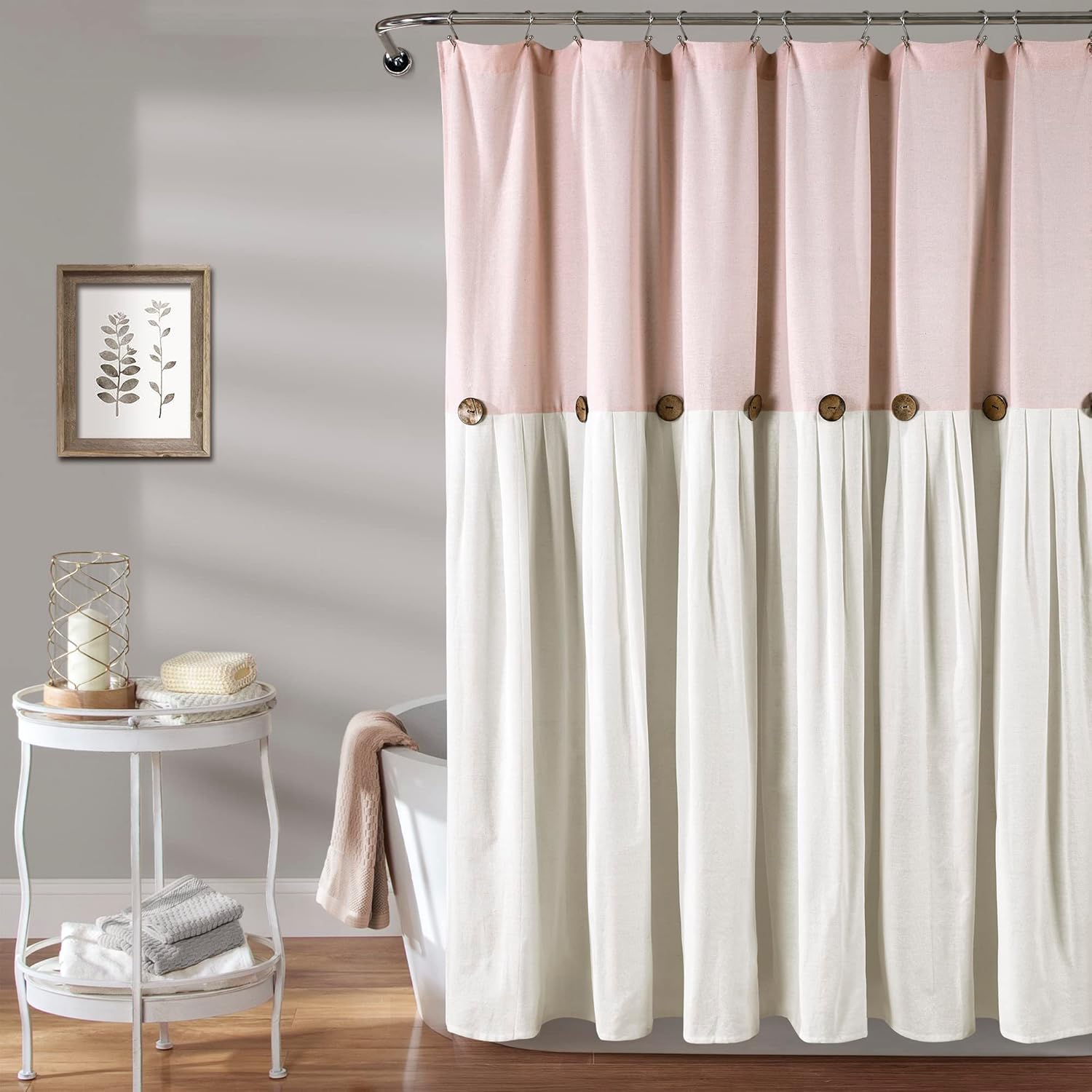 Lush Decor Linen Button Shower Curtain front view in a farmhouse bathroom.