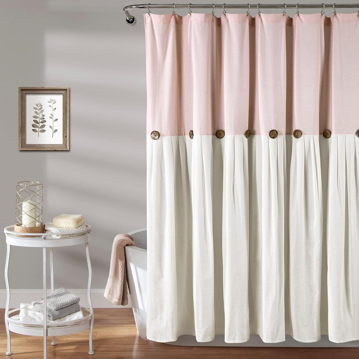 Lush Decor Linen Button Shower Curtain front view in a farmhouse bathroom.
