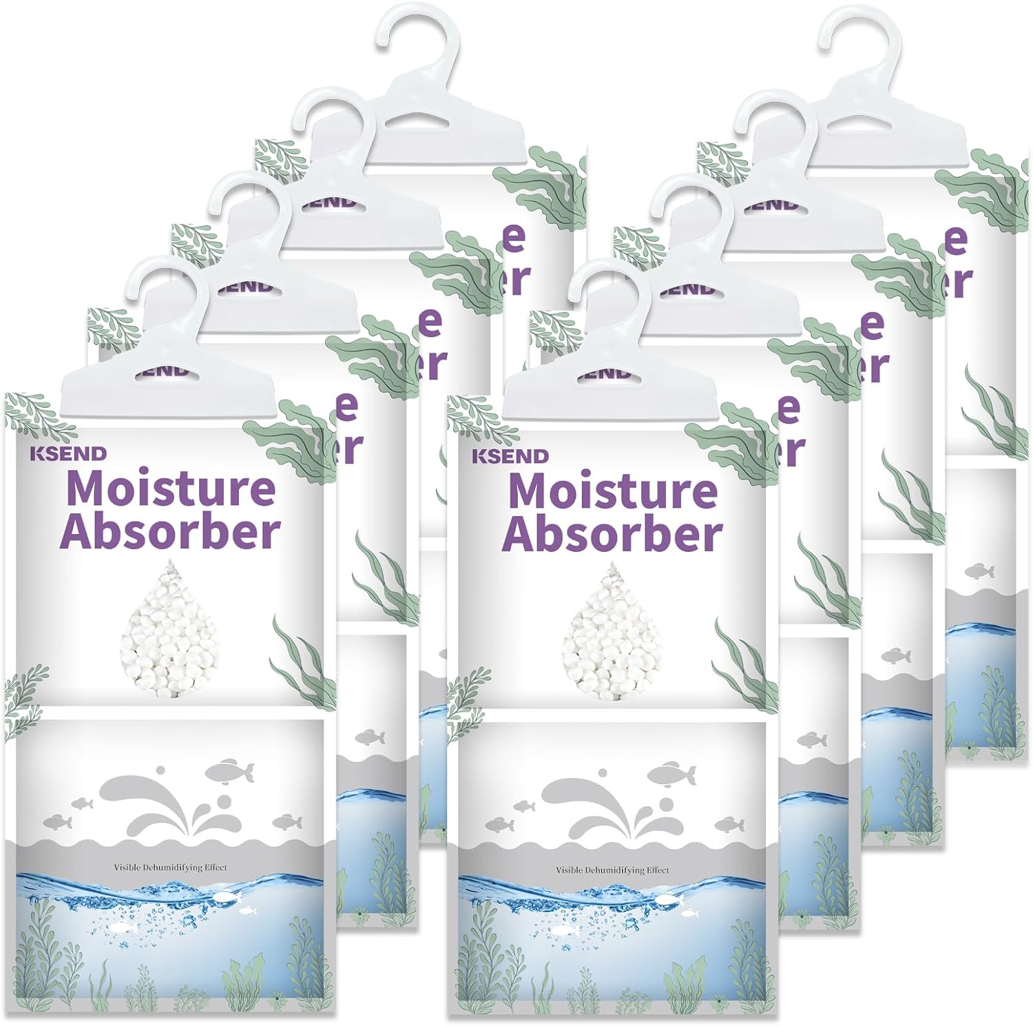 Ksend Moisture Absorber 8 Pack front view showing hanging hook and calcium chloride particles.