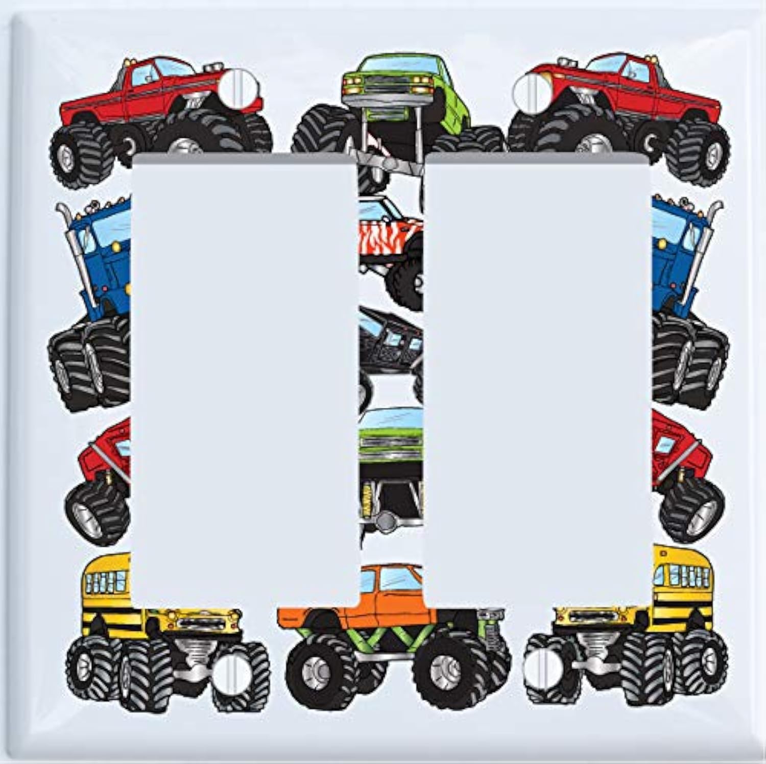 Presto Light Switch Plate Covers Monster Truck Double Rocker front view showing colorful graphic vehicles