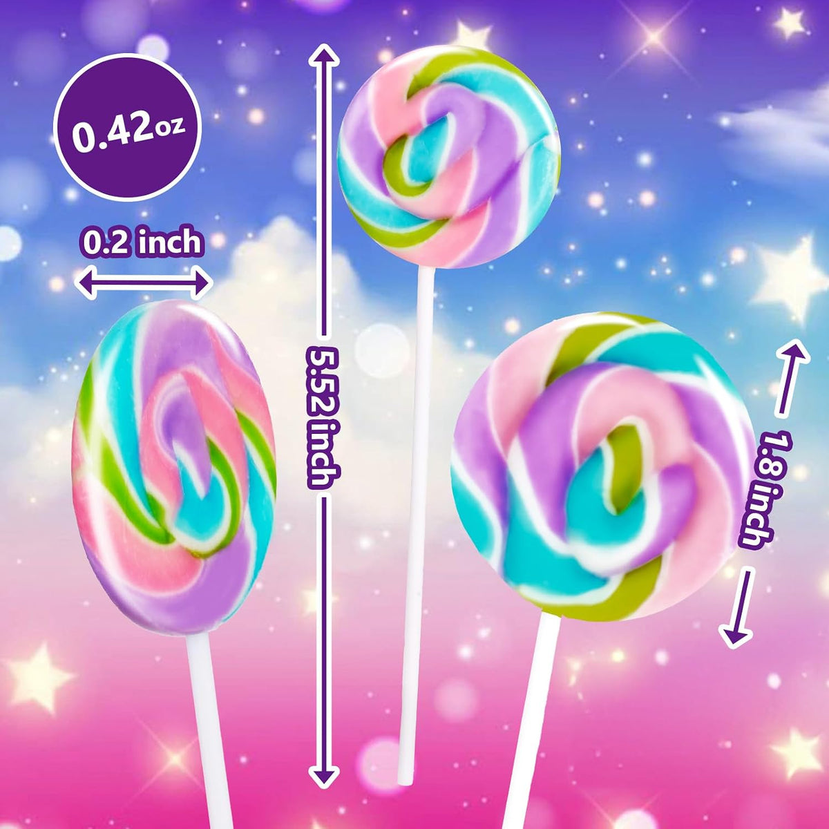 Close up of the Eora twisty rainbow lollipop highlighting its unique long spiral shape.