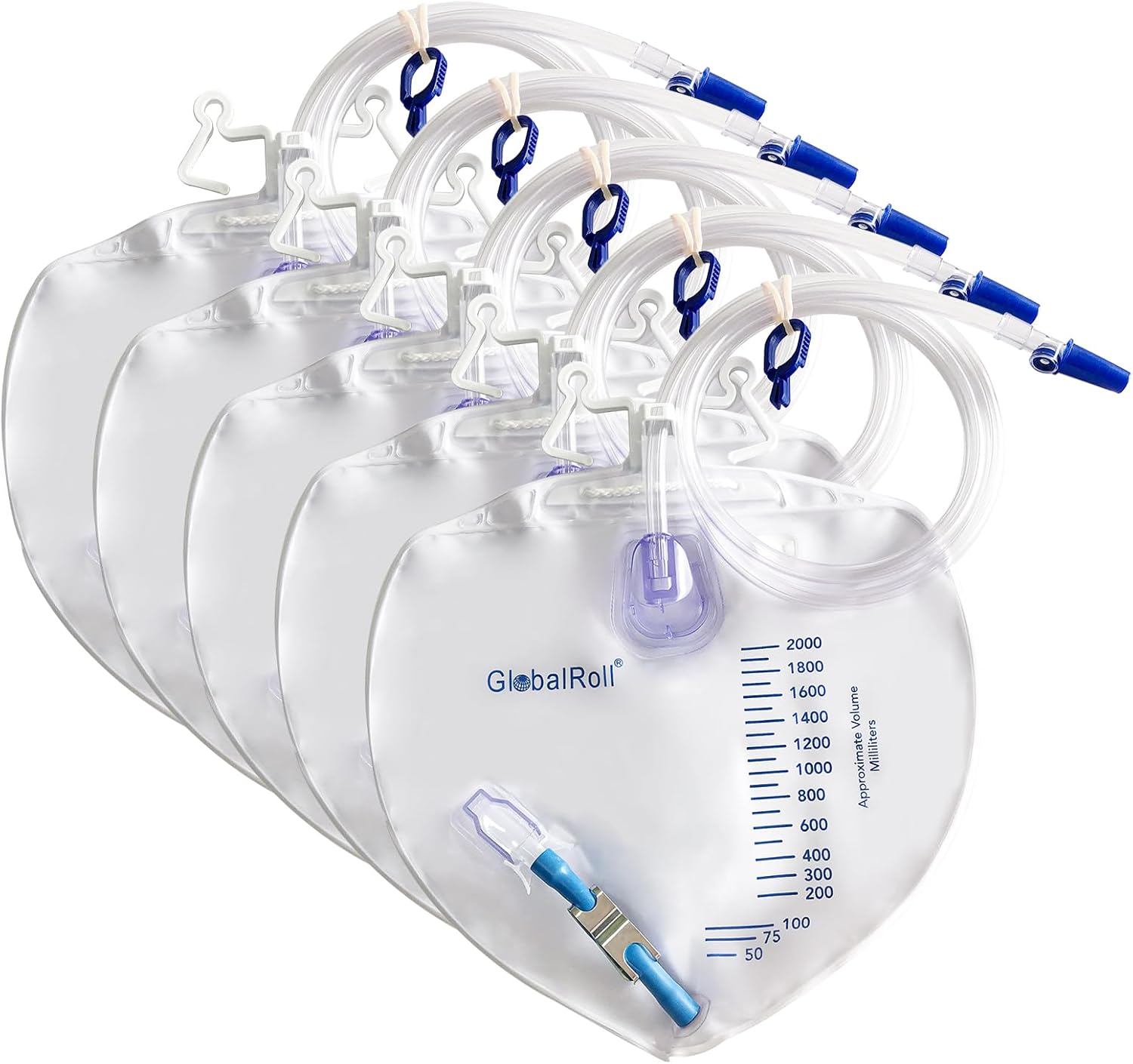 GlobalRoll Urinary Drainage Bag with Anti-Reflux Chamber, Bedside Drainage Bag 2000 mL with 48" Drainage Tube, Hook Hanger and Clips, Urine Bag with Metals Buckle for Home and Hospitals, 5 Pack - Image 1
