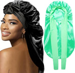 2Pcs Bonnets for Black Women Braid Bonnet, Large Long Satin Bonnet for Braids, Silk Bonnet with Stretchy Tie Band Sleep Cap Hair (2Pcs-Black&Blue) - Image 10