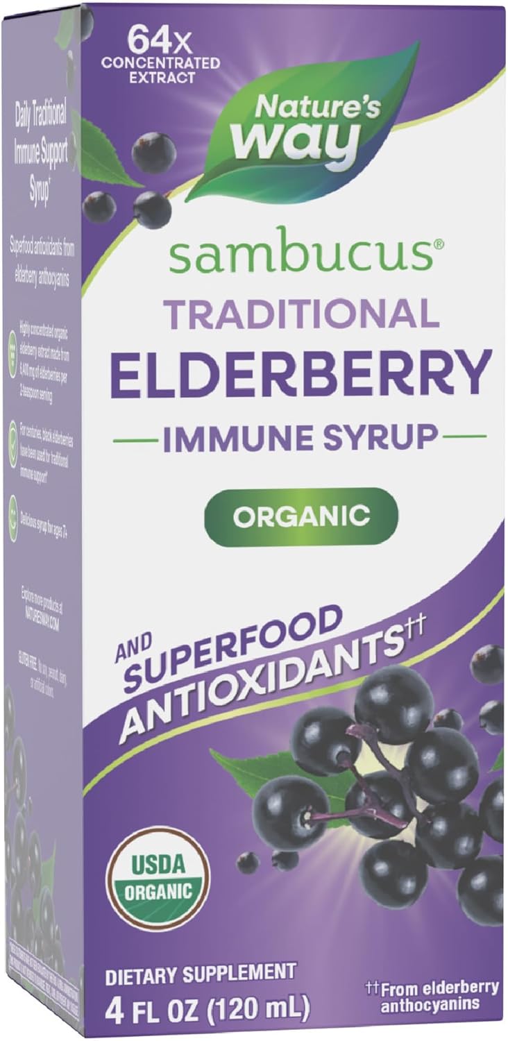 Nature's Way Sambucus traditional organic elderberry immune support syrup clear packaging view showing import details