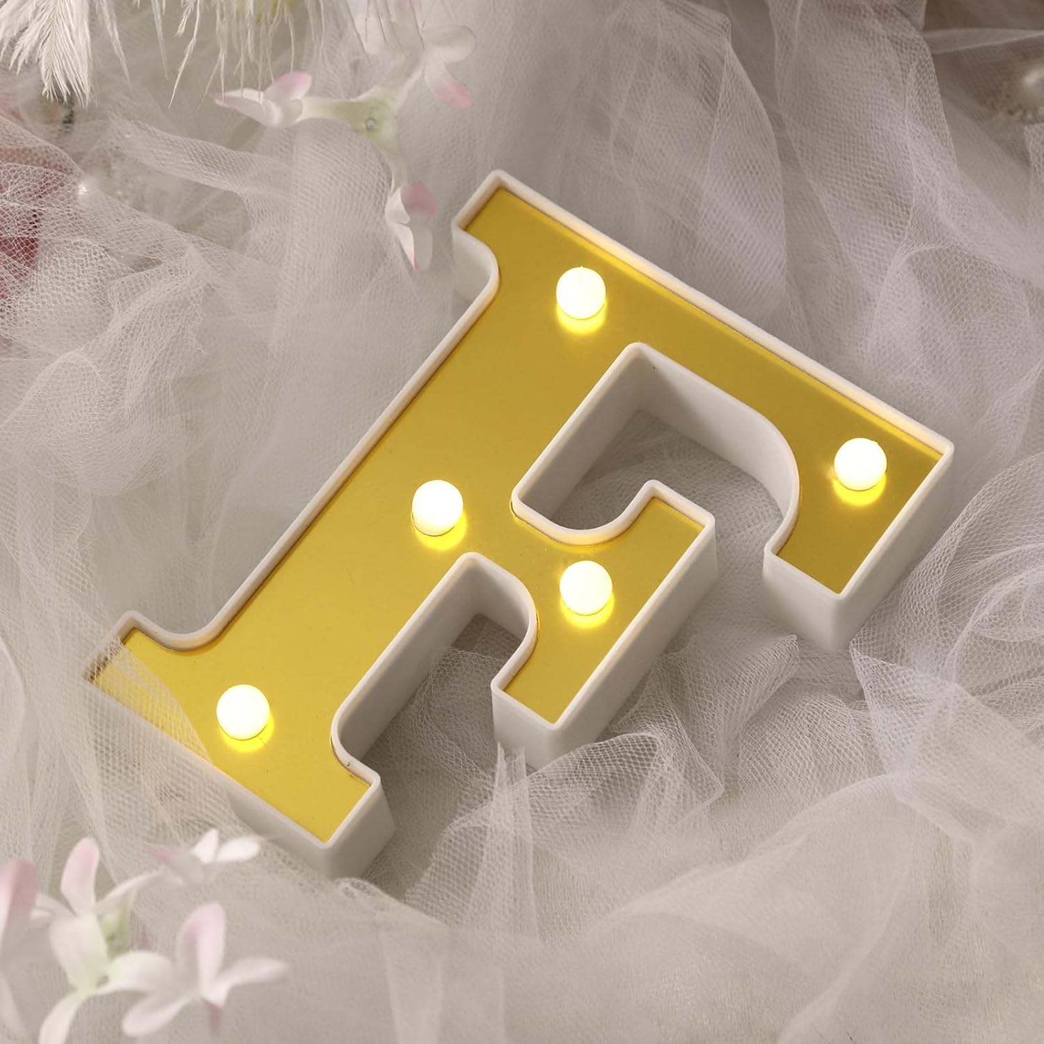 Tableclothsfactory 6 inch 3D gold marquee letter F front view featuring glowing warm white LED lights