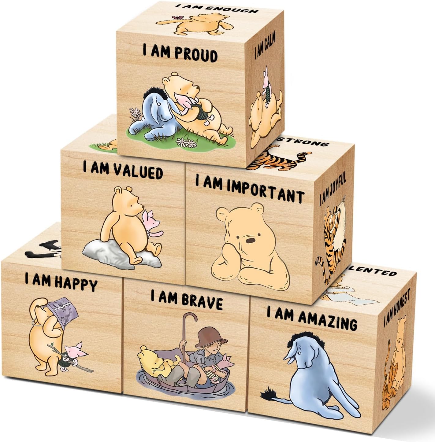 Tillfuru Winnie the Pooh wooden nursery decor blocks front view display on a white shelf.