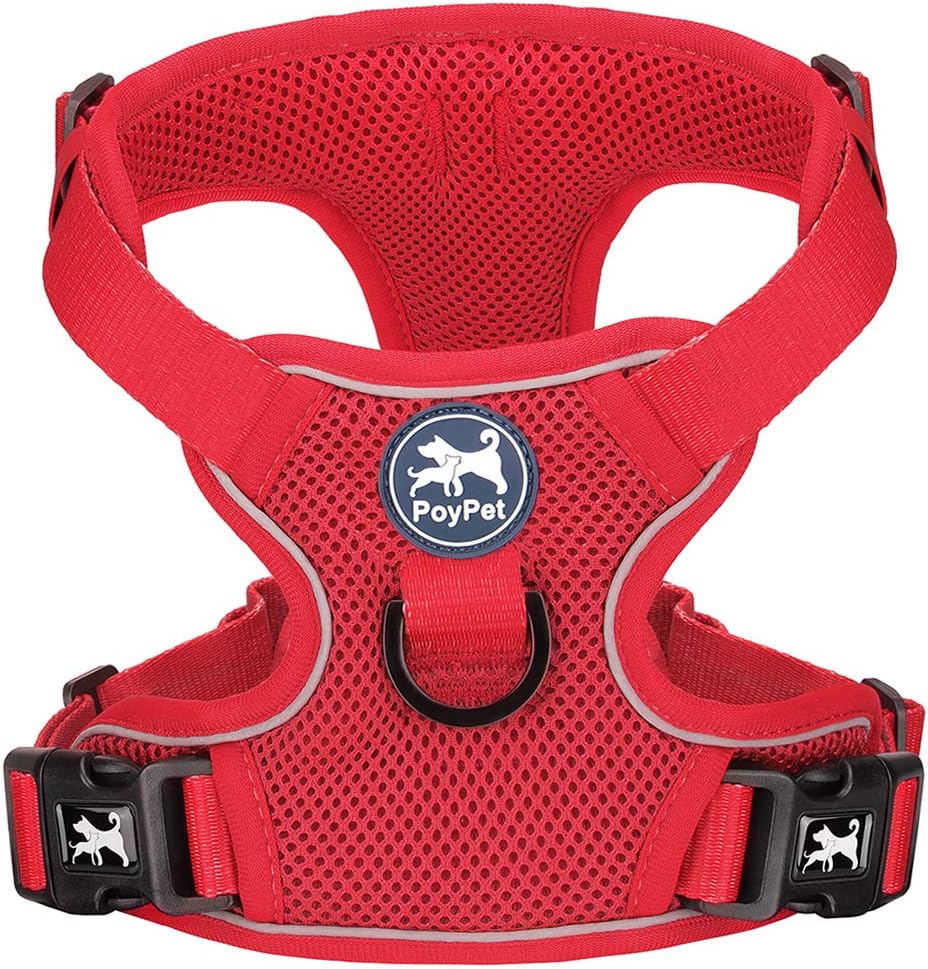 PoyPet mesh dog harness front view showing red breathable vest design